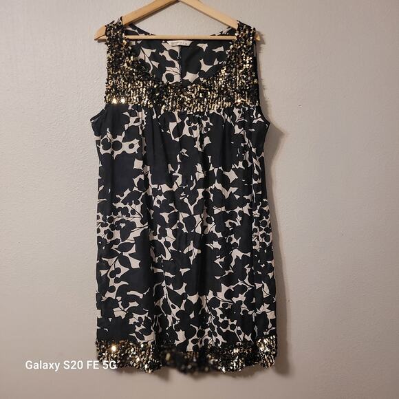 Vintage Old Navy Sequin Floral Dress Womens 22 Black White Knee‎ Length Sheer - Picture 1 of 8